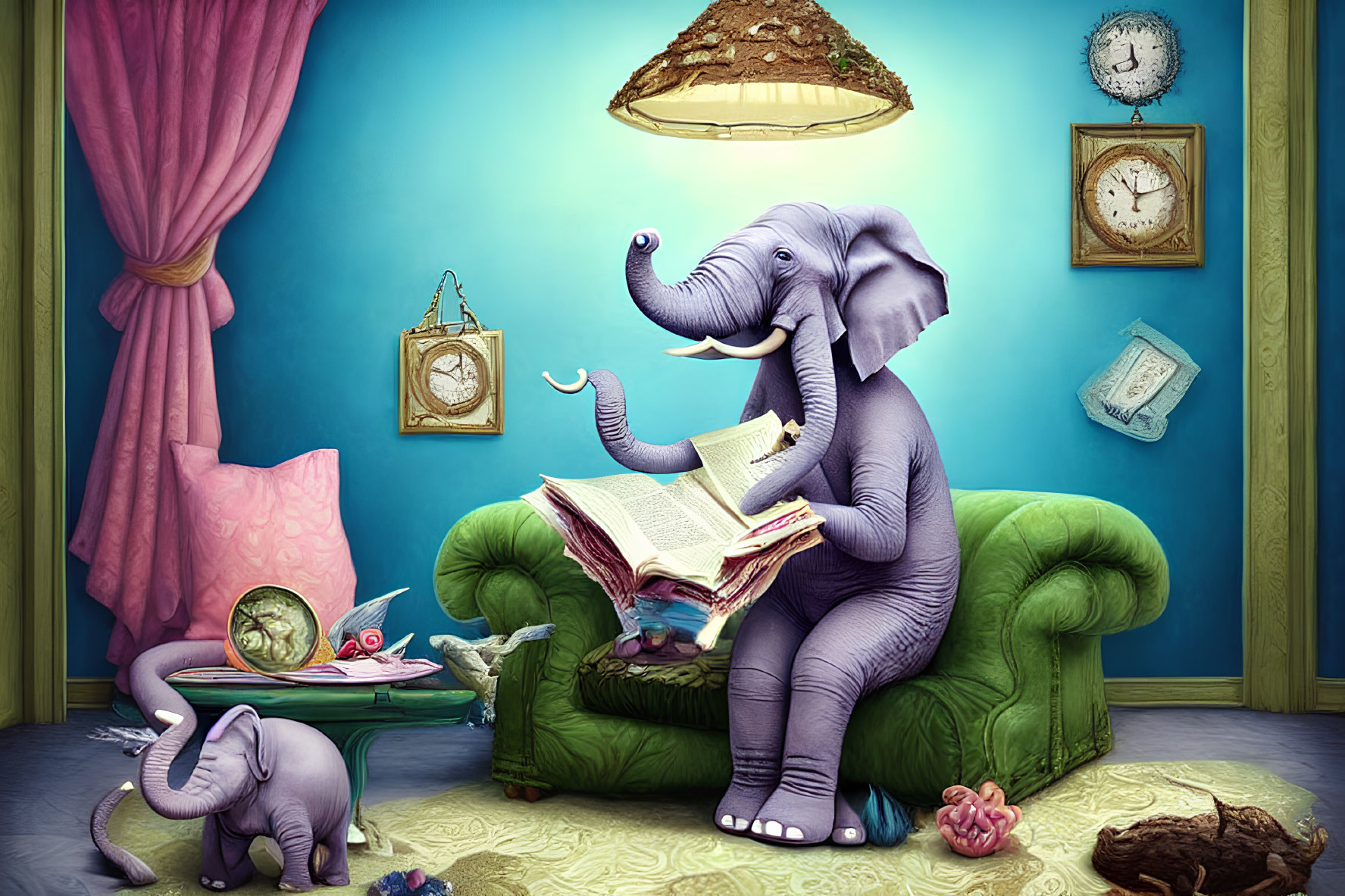 Whimsical anthropomorphic elephant reading with clocks and cat