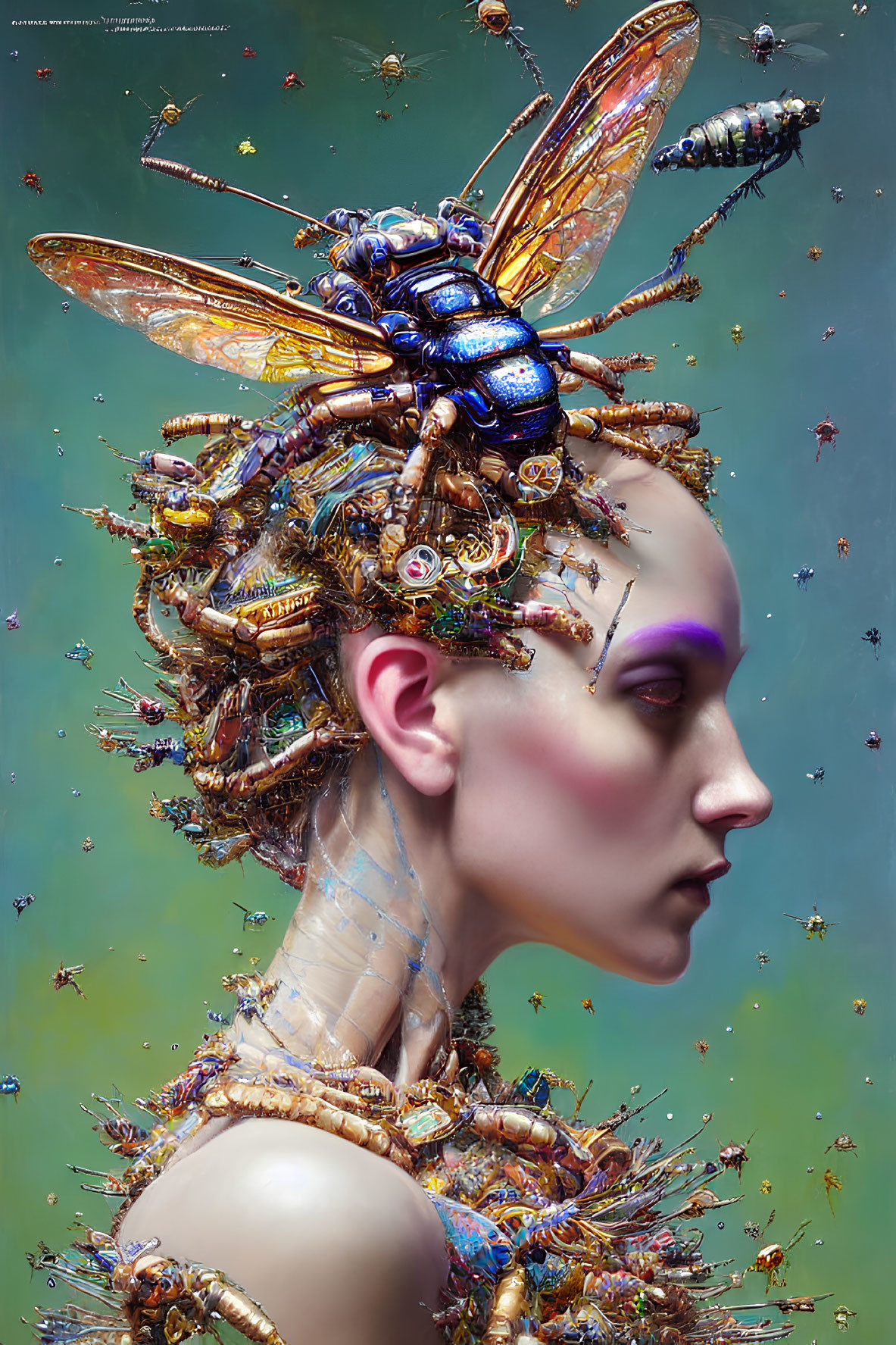 Intricate surreal portrait with mechanical insect headpiece and blue metallic bee