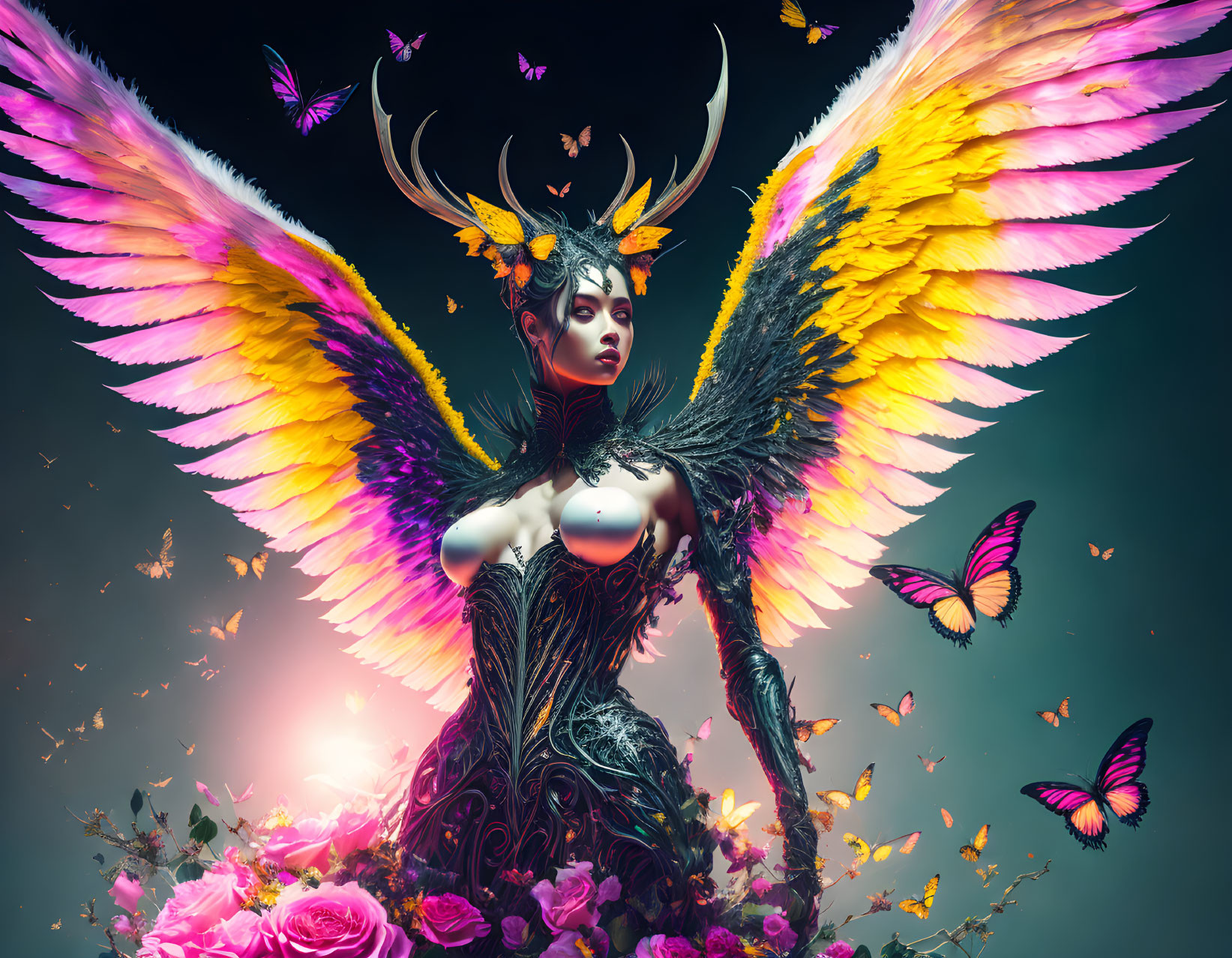 Colorful winged female figure in ornate armor with butterflies and roses on moody background
