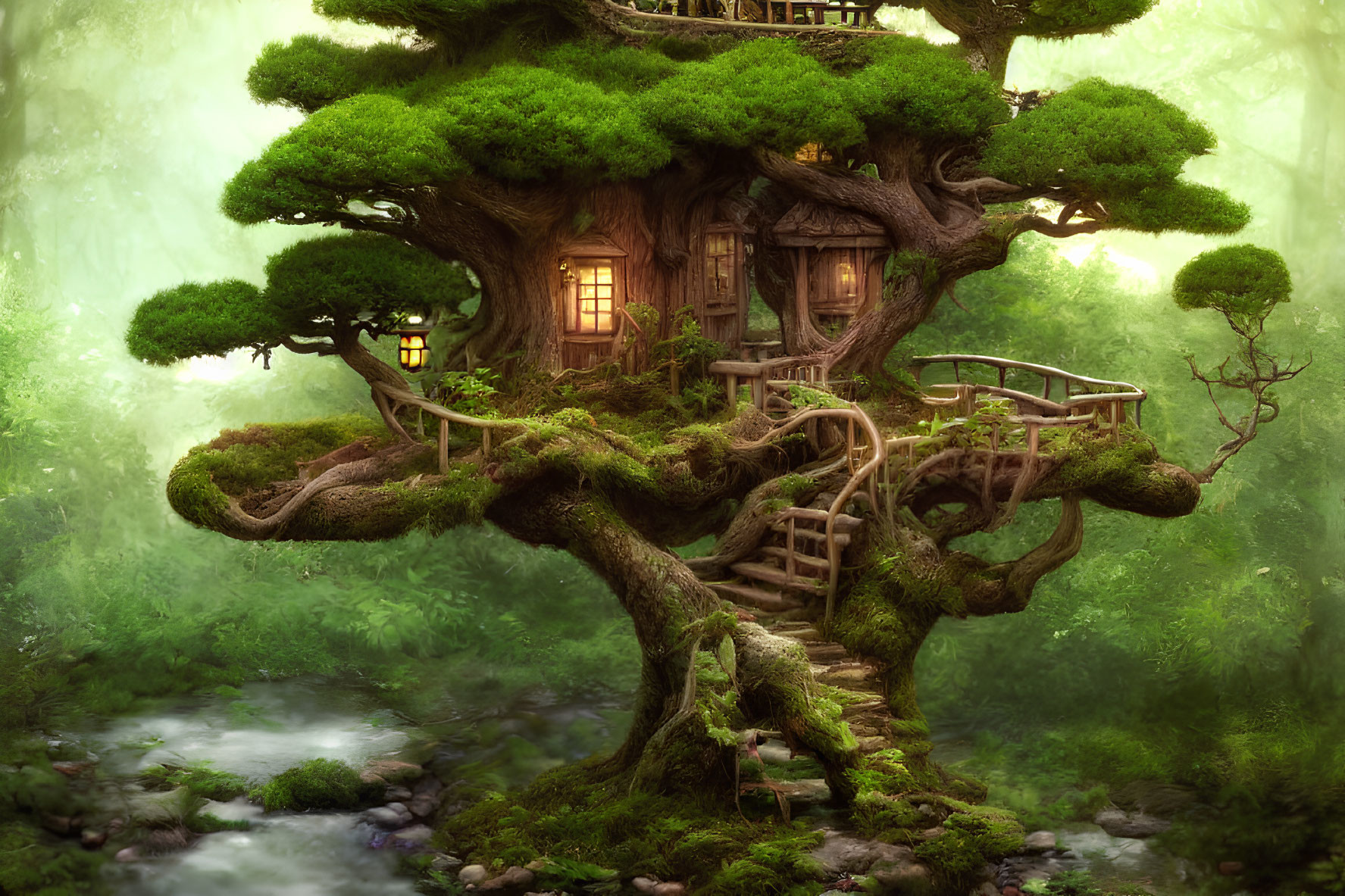 Mystical forest treehouse with winding stairs and lanterns