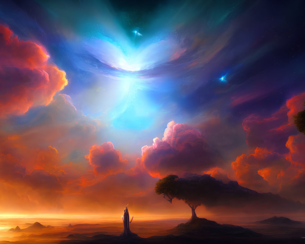 Luminous cosmic event over serene landscape with figure under tree