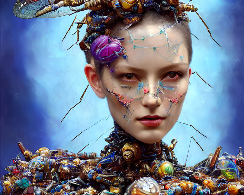 Intricate mechanical insect-like adornment on person's head and shoulders