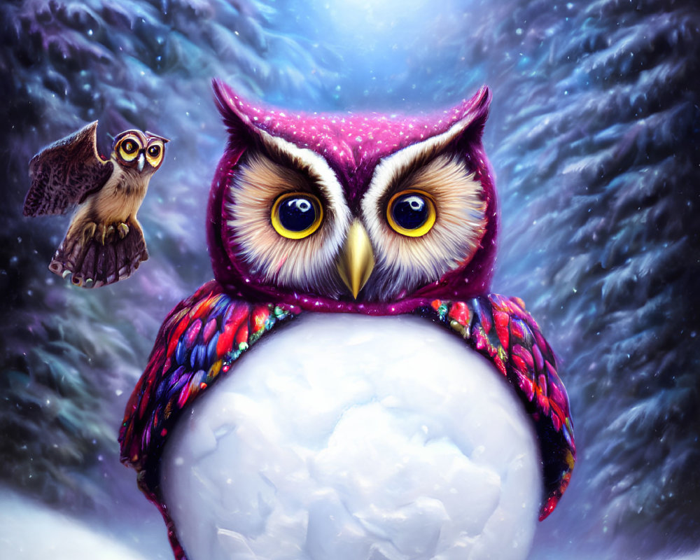 Colorful Owl Perched on Snow Body with Flying Companion in Starry Sky