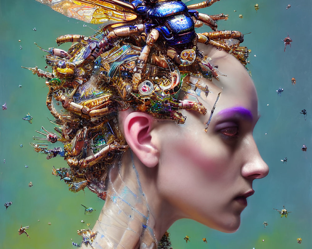 Intricate surreal portrait with mechanical insect headpiece and blue metallic bee