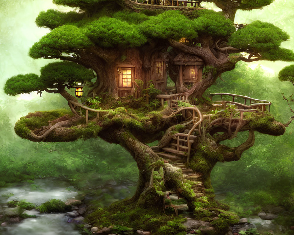 Mystical forest treehouse with winding stairs and lanterns