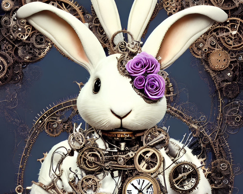 Steampunk-style white rabbit with gear mechanisms and clocks, purple flowers on ear, against backdrop of