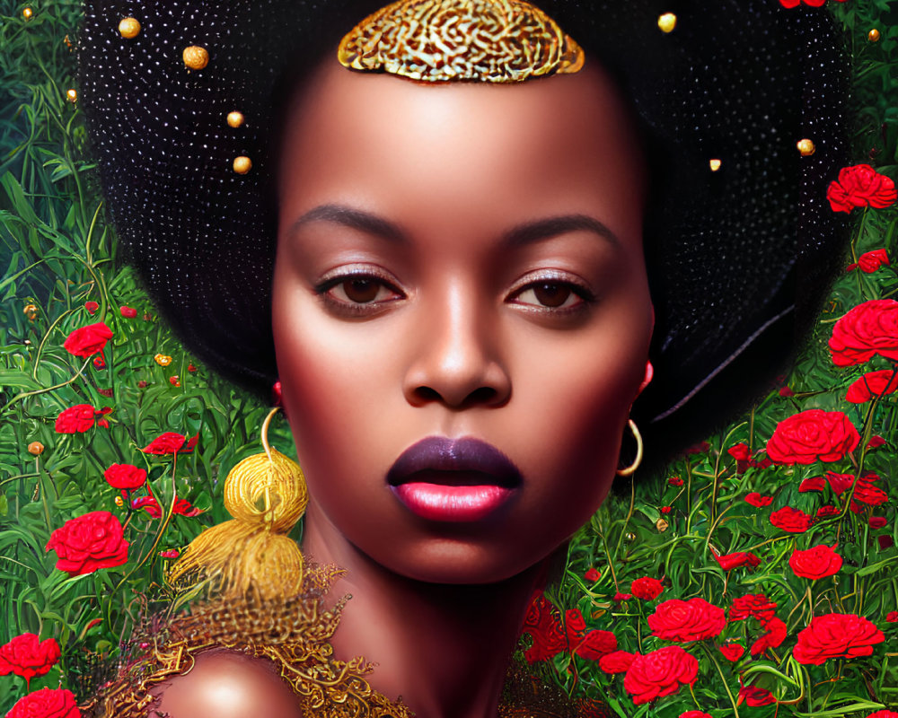 Digital art portrait of a woman with bejeweled headpiece and gold collar in lush greenery