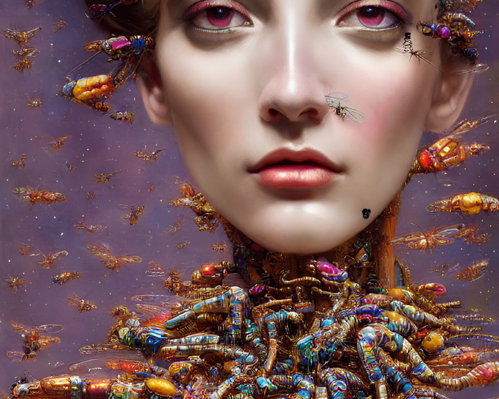 Colorful metallic beetles partially cover woman's face in surreal portrait