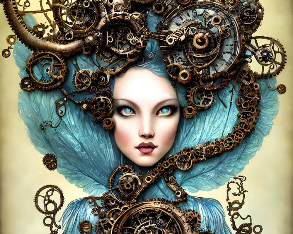 Detailed Steampunk Illustration of Woman with Pale Skin and Blue Hair