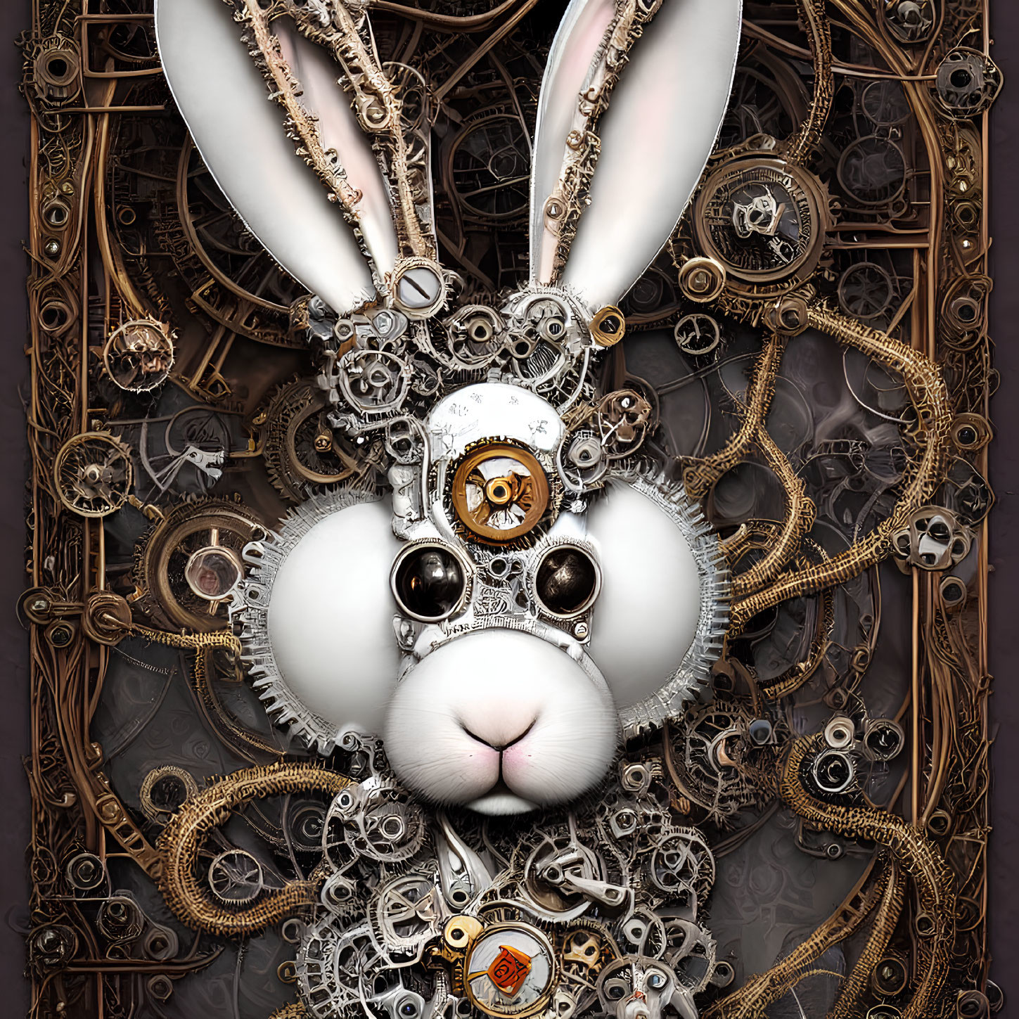 Steampunk-style bunny illustration with clock face and mechanical parts