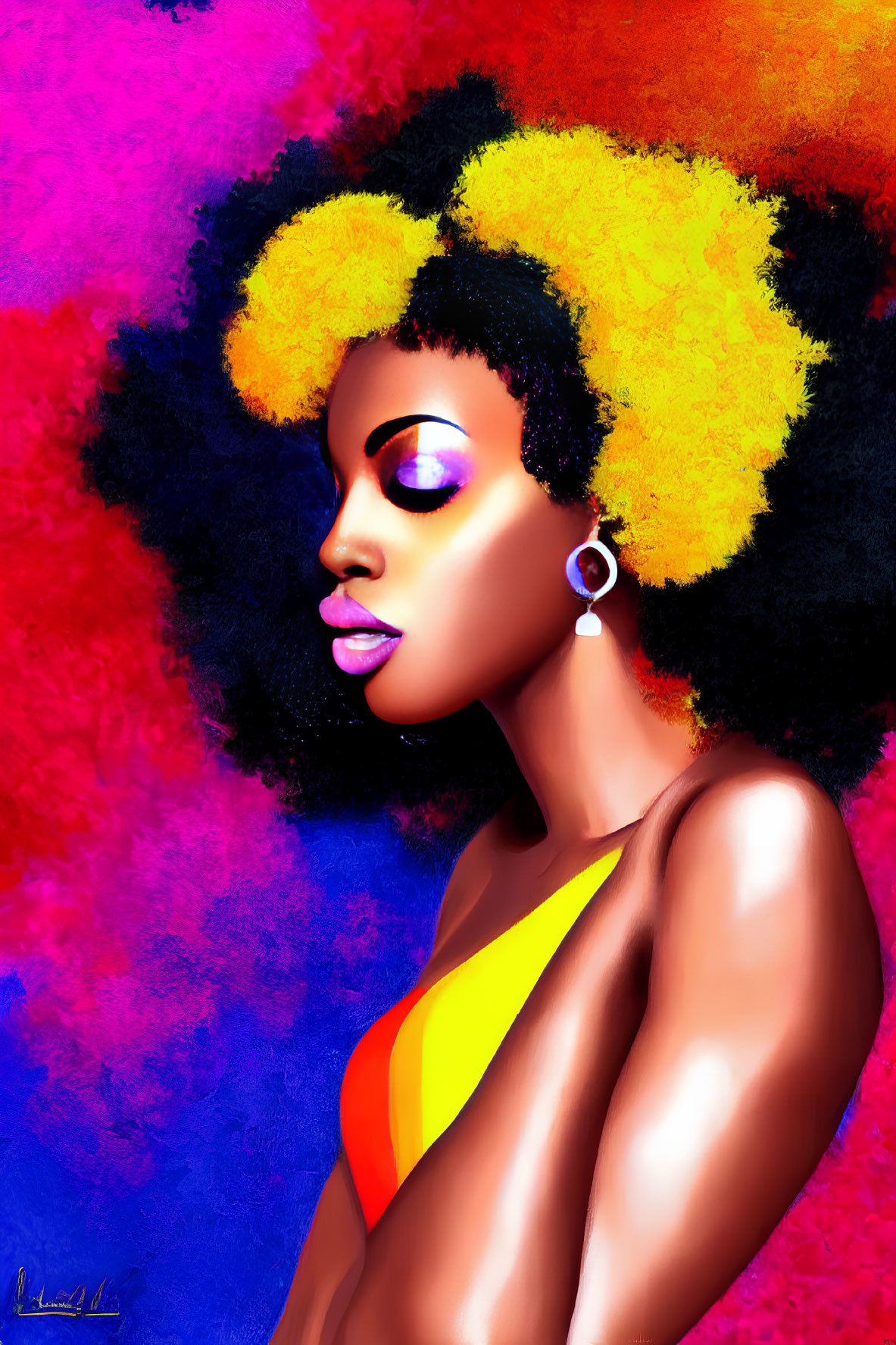 Colorful digital artwork: Woman with yellow afro hair and bold makeup on abstract background