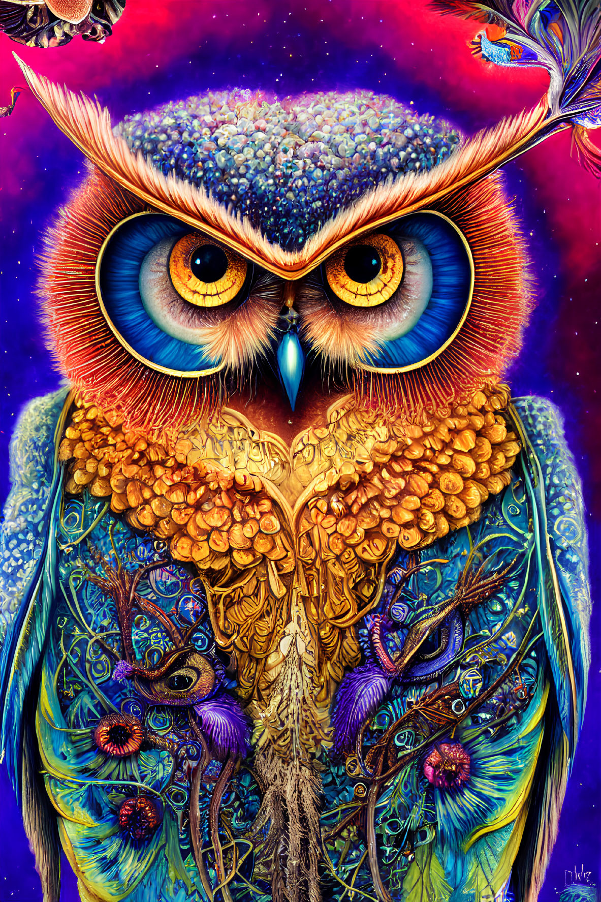 Colorful Psychedelic Owl Illustration with Detailed Patterns and Intense Blue Eyes