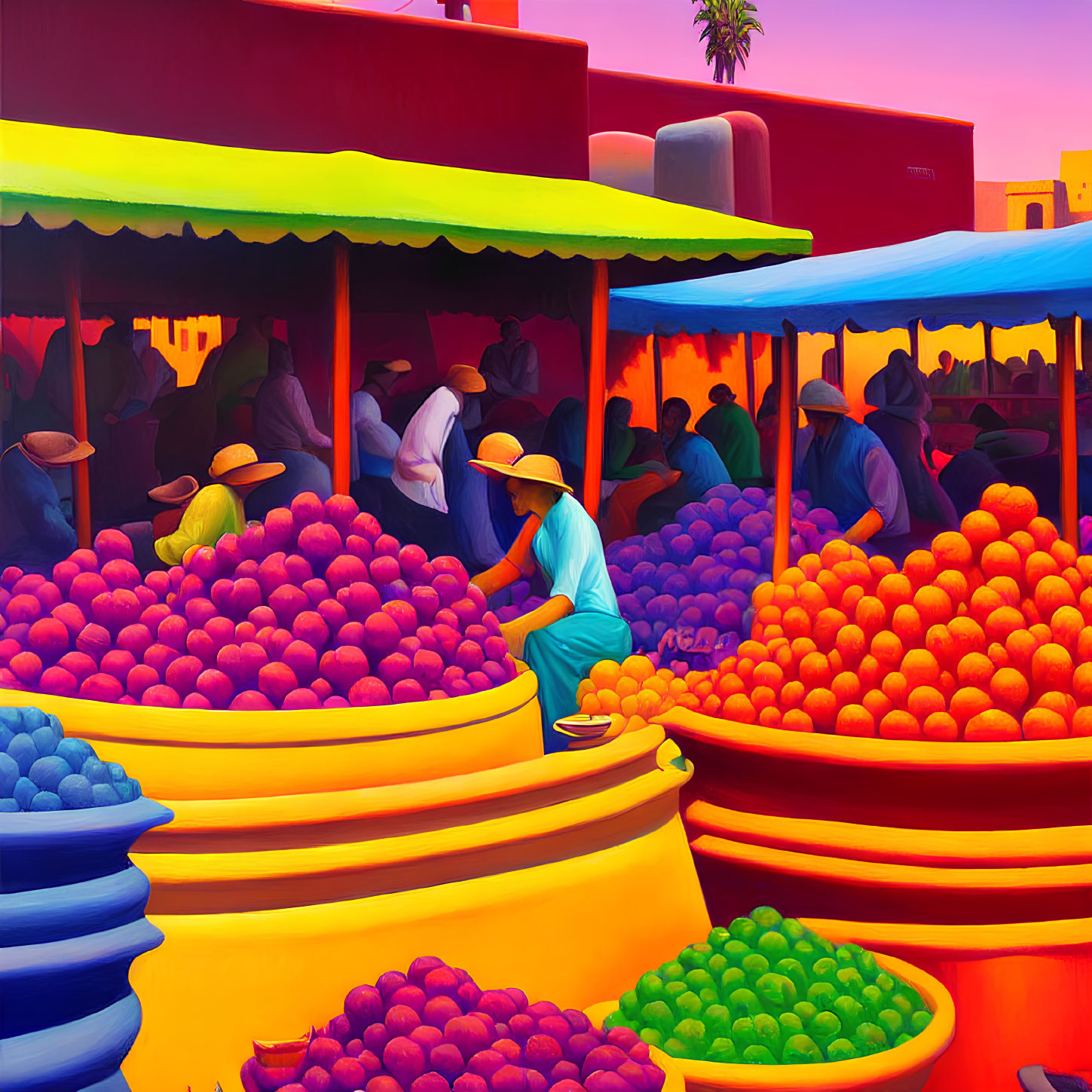 Vibrant market scene with people in hats and colorful fruits.