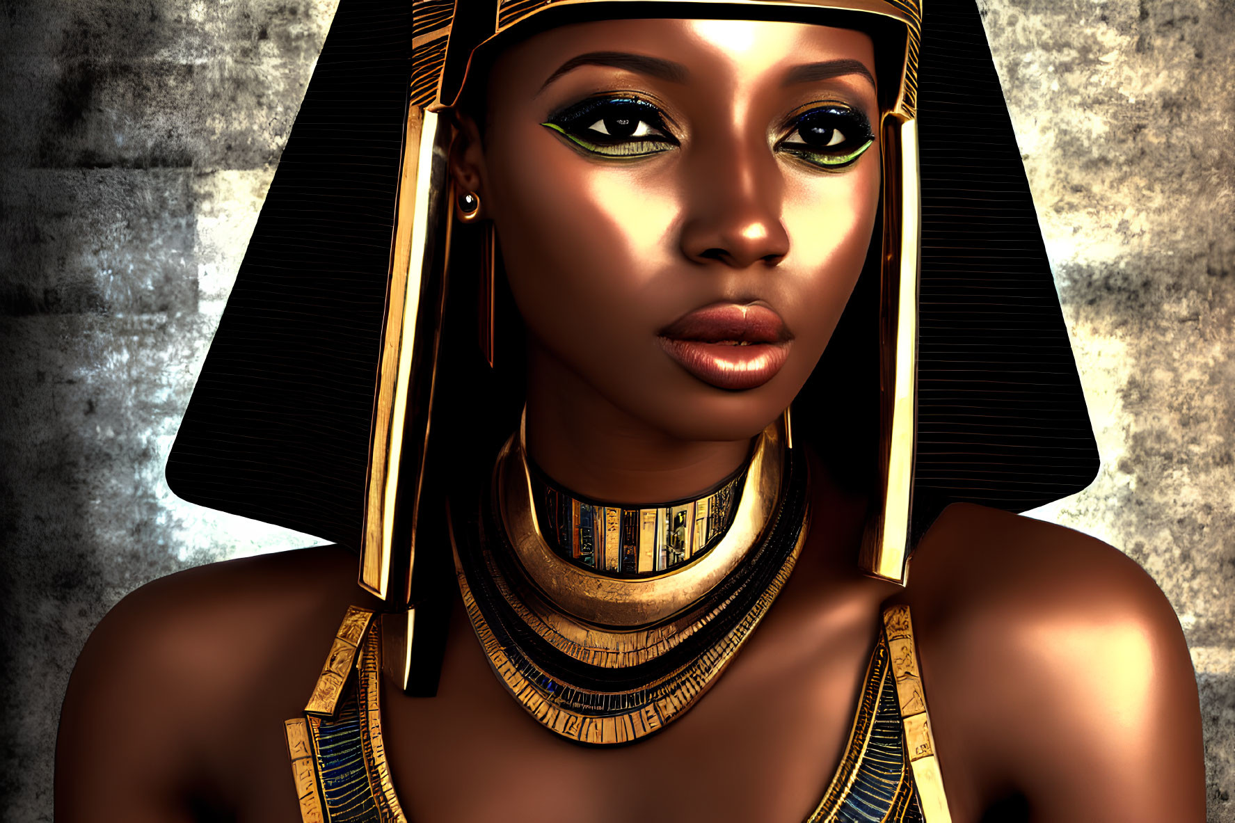 Digital artwork of woman as ancient Egyptian queen with elaborate headdress, eye makeup, and jewelry