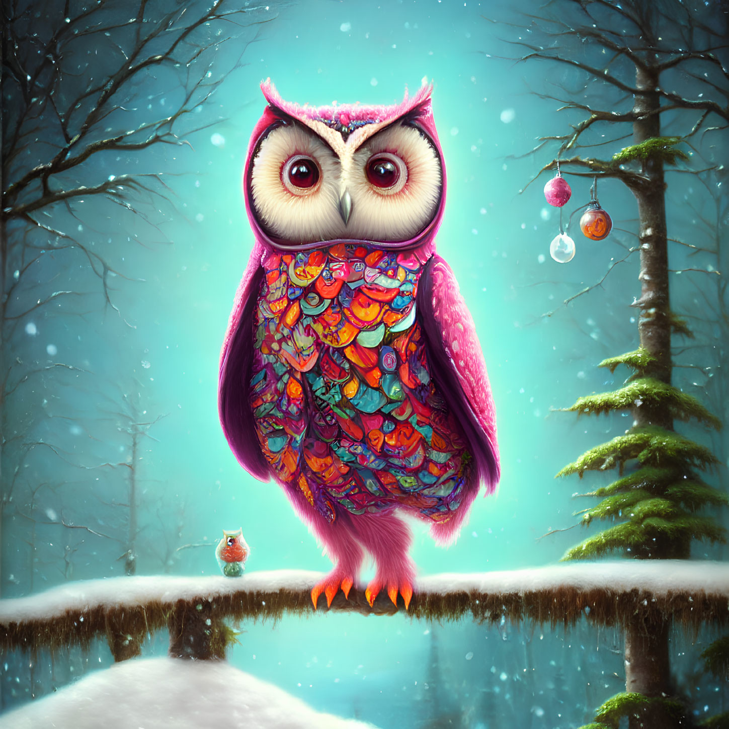 Colorful illustrated owl in snowy landscape with intricate patterns