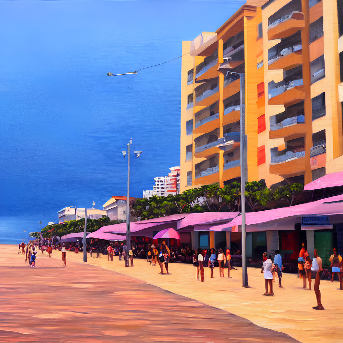 Busy seaside promenade with people, umbrellas, and high-rise building