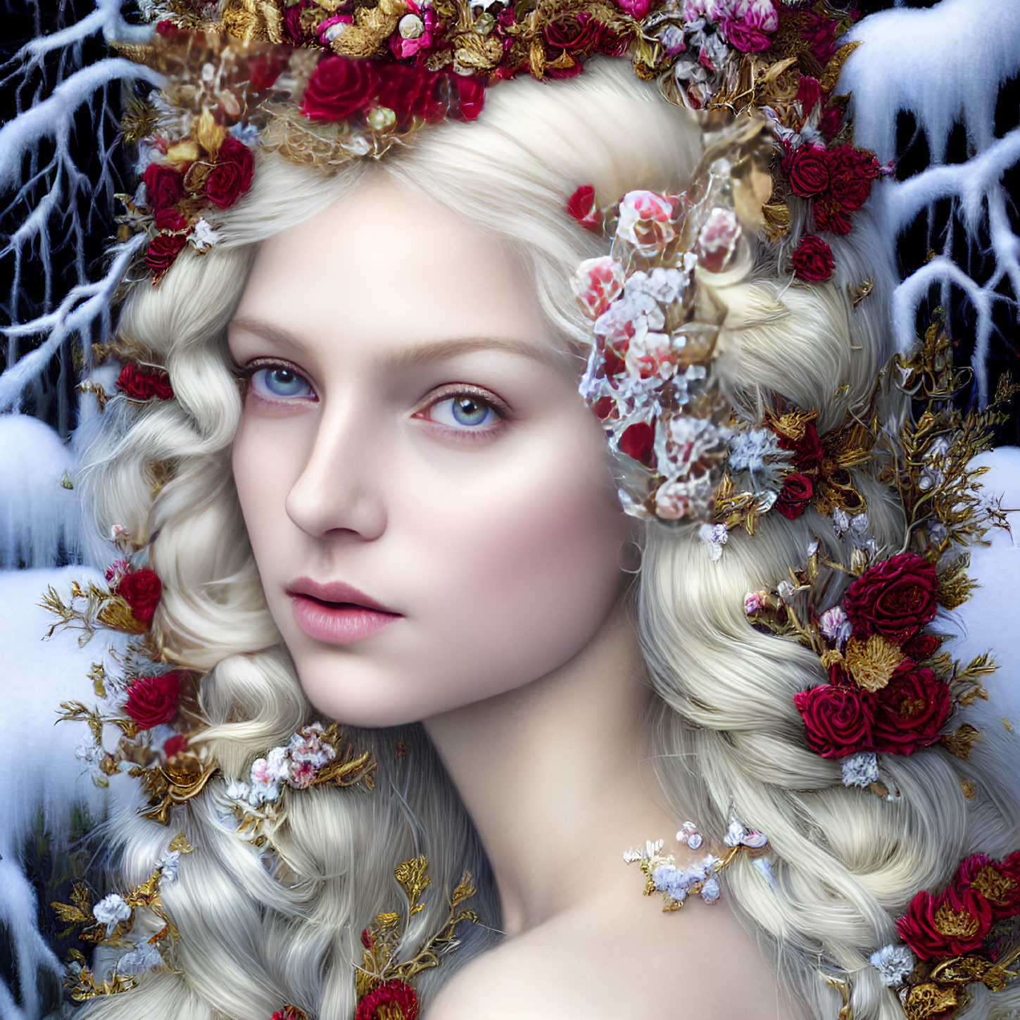 Portrait of a Woman with Blue Eyes and Blonde Curly Hair in Winter-Themed Setting