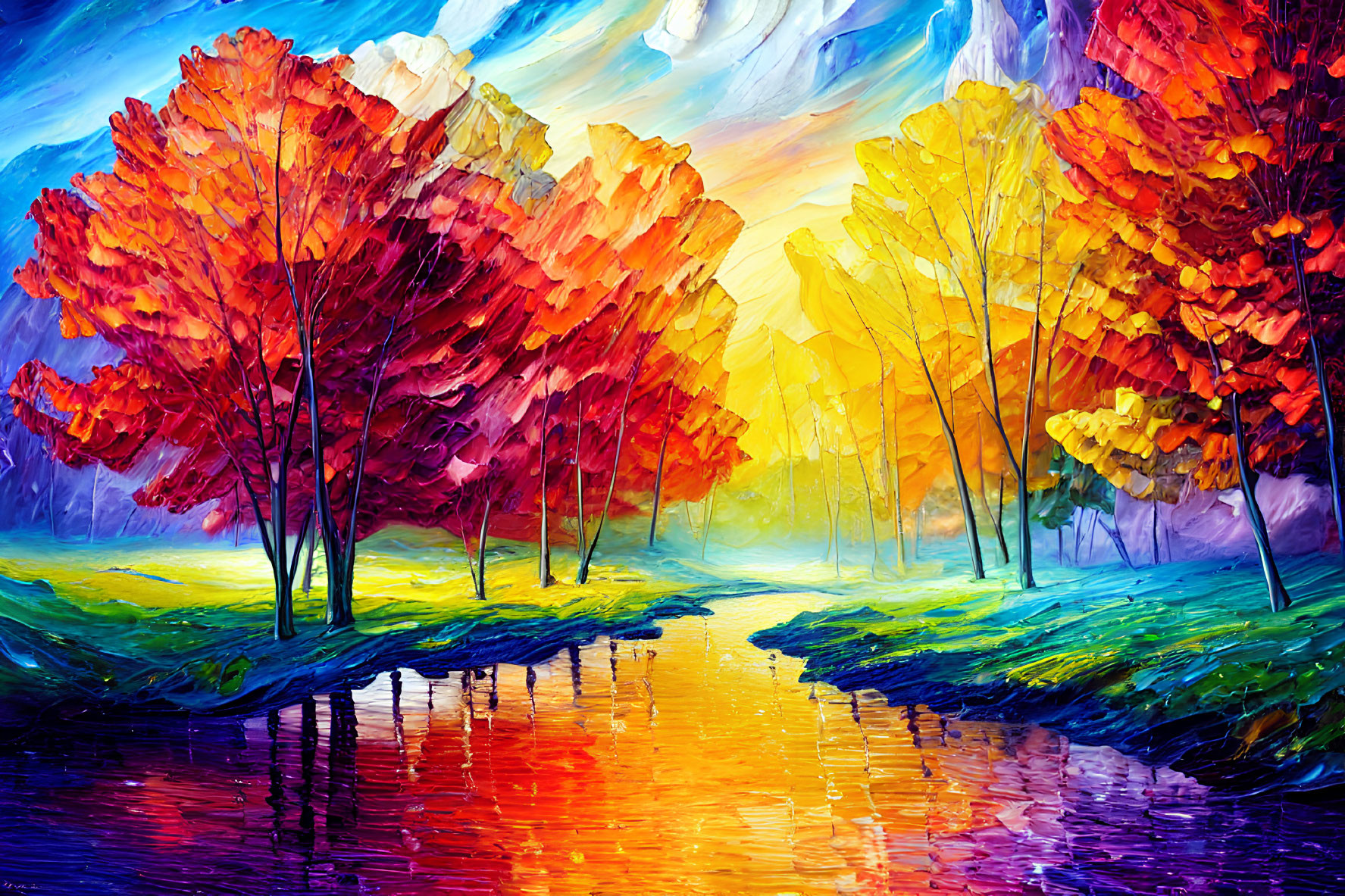Colorful autumn forest oil painting with water reflection and dynamic sky