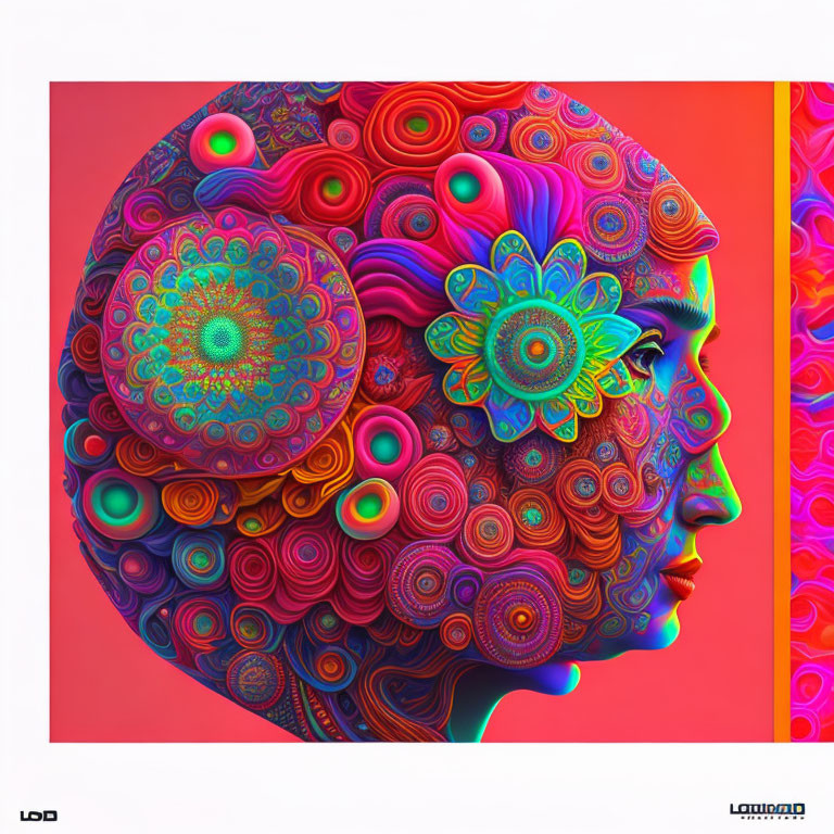 Colorful digital artwork of woman's profile with brain-like pattern on red background