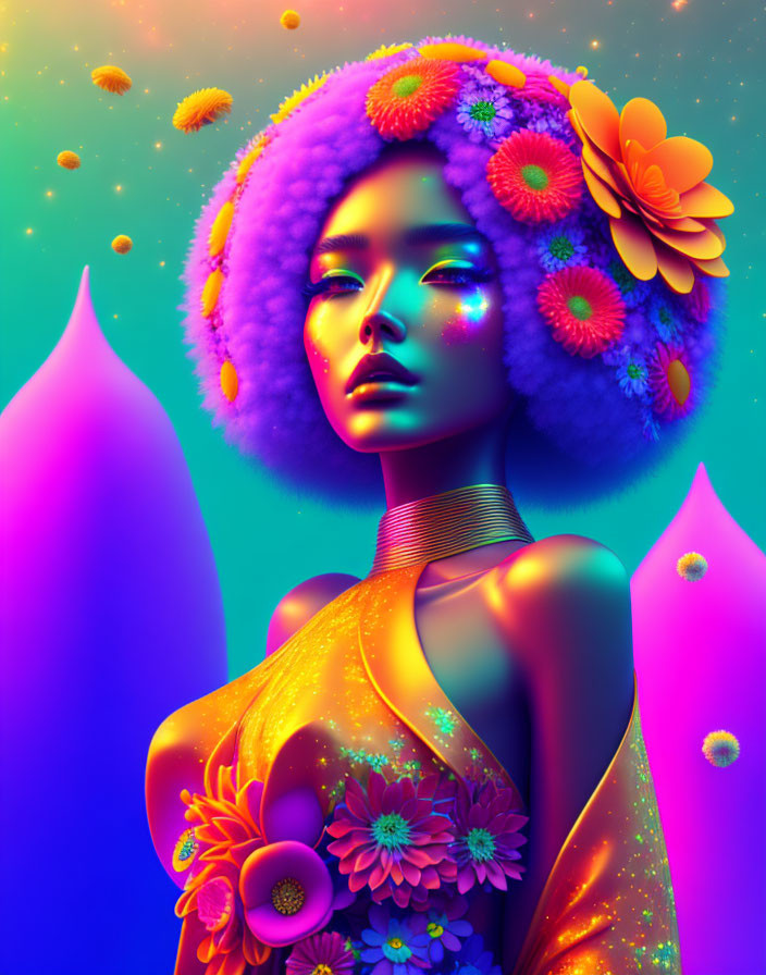 Colorful woman with purple hair and flowers on neon background