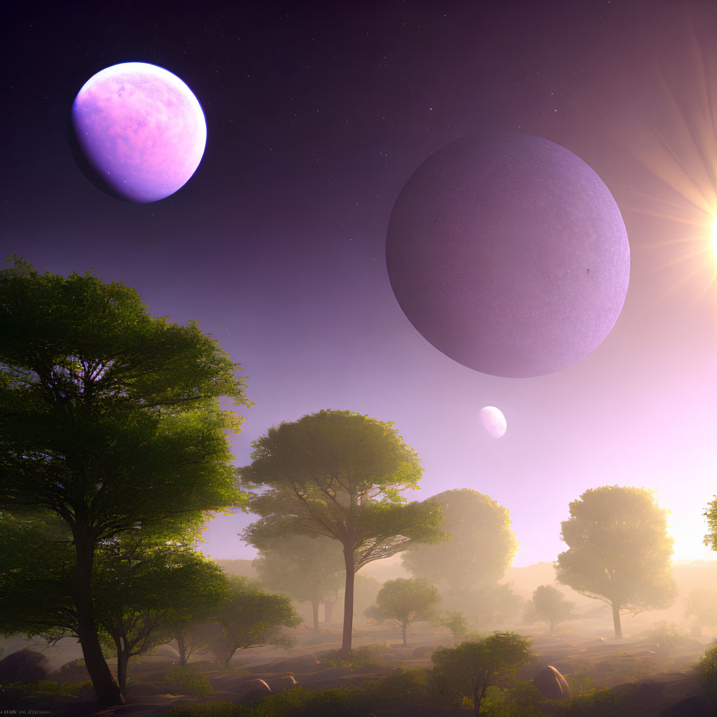 Surreal landscape with large purple planet and lush green trees