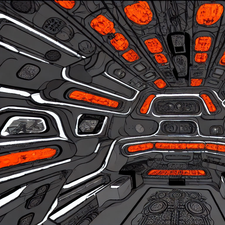 Futuristic spacecraft interior with orange-lit panels & mechanical details