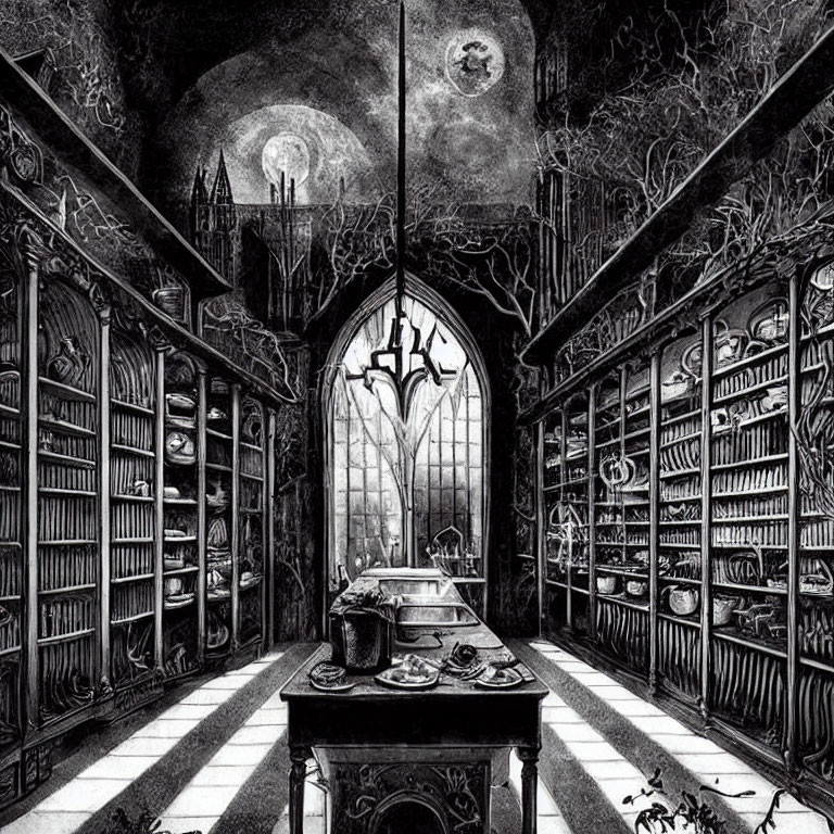 Gothic-style library with towering bookshelves and vaulted window under full moon