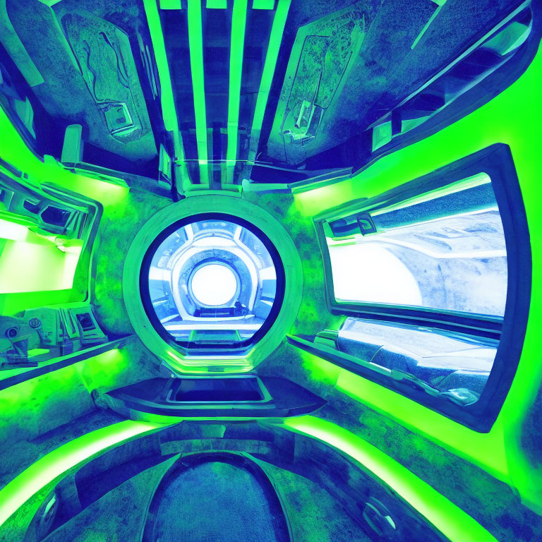 Neon Green-Lit Spaceship Interior with Circular Corridor
