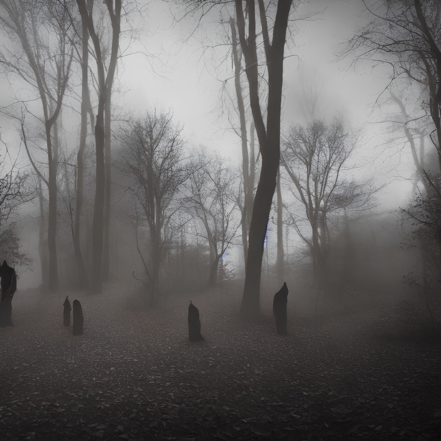 Misty forest with bare trees and mysterious figures in foggy setting