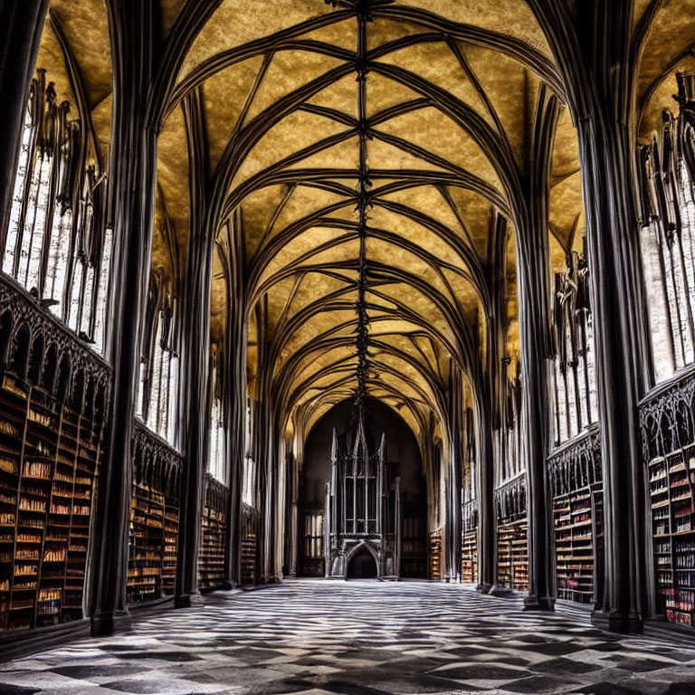Cathedral library with Gothic arches, vaulted ceilings, book-lined walls, and checkered
