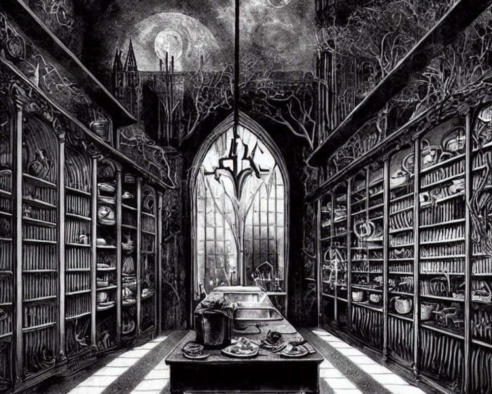 Gothic-style library with towering bookshelves and vaulted window under full moon
