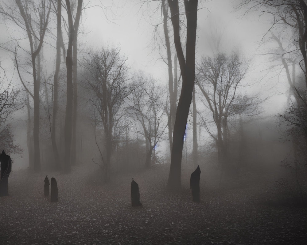 Misty forest with bare trees and mysterious figures in foggy setting