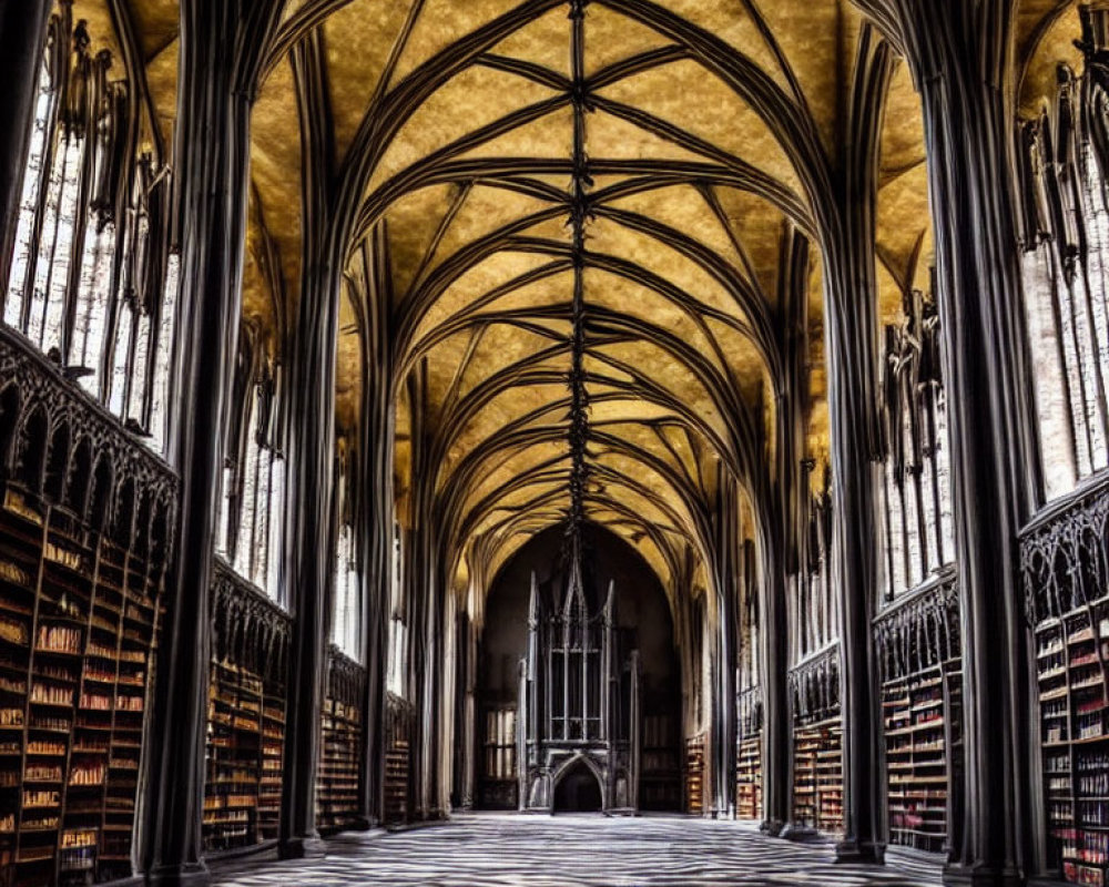 Cathedral library with Gothic arches, vaulted ceilings, book-lined walls, and checkered