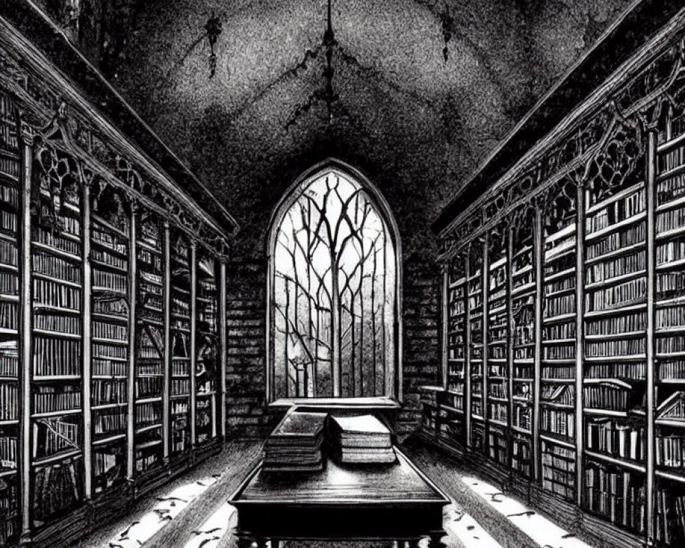 Monochrome sketch of grand library with arched windows and bookshelves