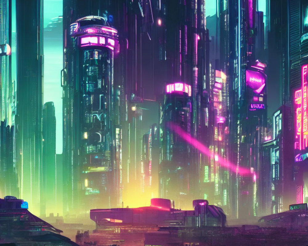 Vibrant futuristic cityscape with neon-lit skyscrapers at night