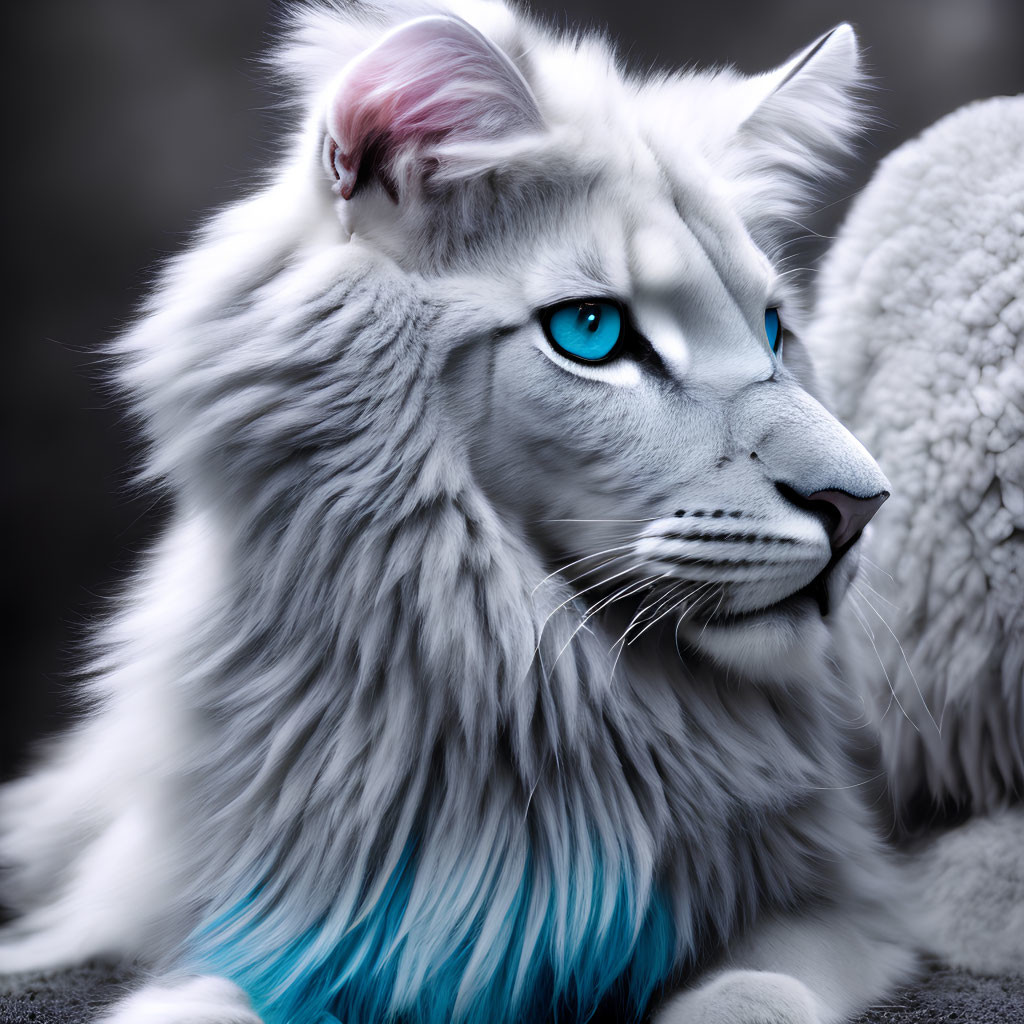 Fantasy creature with white lion features and blue eyes on dark background