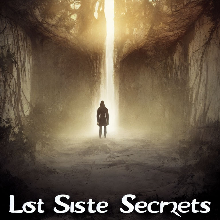 Silhouette standing at end of sunlit path in dense forest with "Lost Sister Secrets" text.