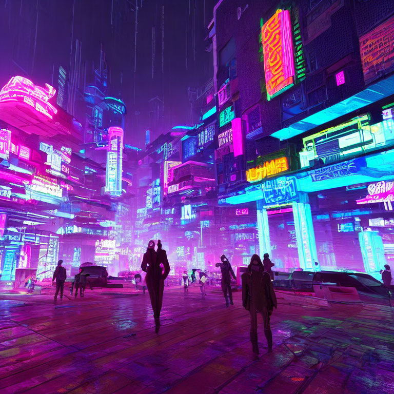 Neon-lit futuristic cityscape at night with vibrant colors and pedestrians.