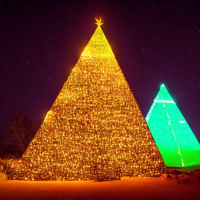 Illuminated Pyramid Christmas Trees in Yellow and Green Against Starry Night Sky