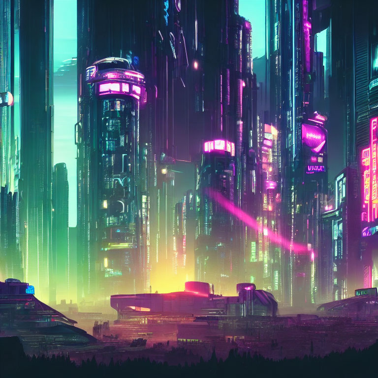 Vibrant futuristic cityscape with neon-lit skyscrapers at night