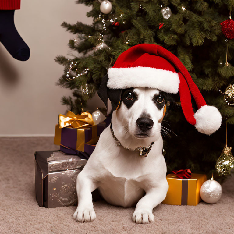 Dog with Santa Hat in Front of Christmas Tree and Gifts