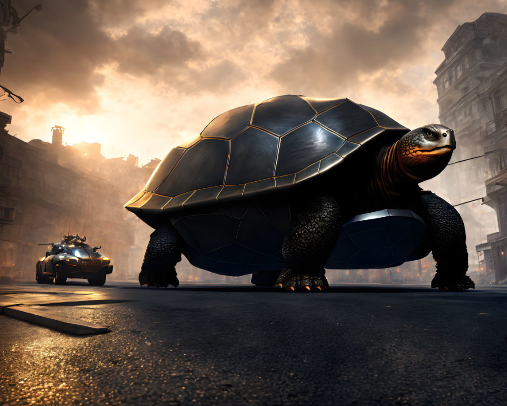 Enormous turtle in city street at dusk with abandoned car and buildings under hazy sky