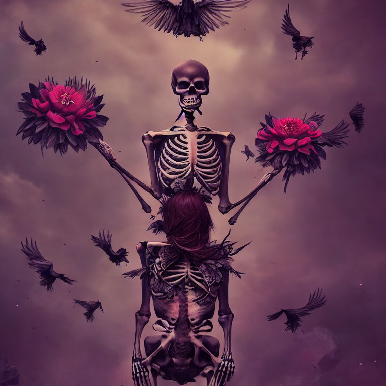 Skull-headed figure with flowers and birds in surreal scene
