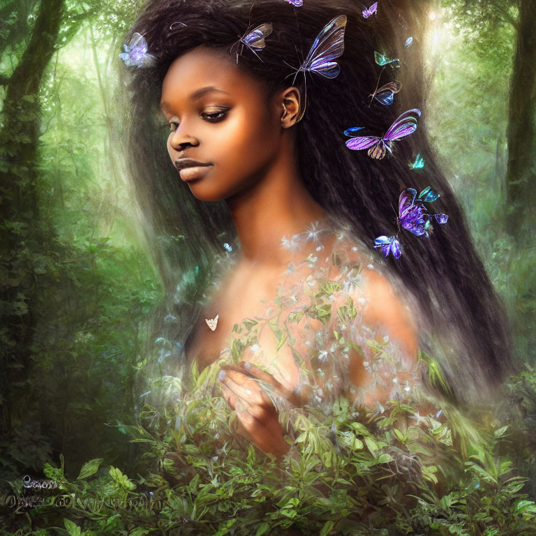 Woman in mystical forest with butterflies and plants blending into her body