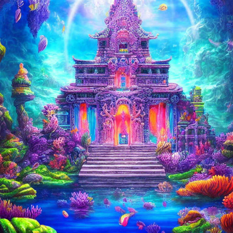 Colorful Underwater Scene with Mystical Temple and Marine Life