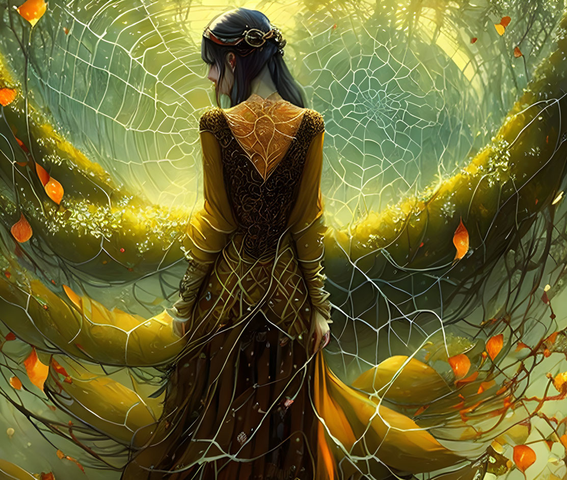 Medieval woman in dress admires forest spider web in sunlight