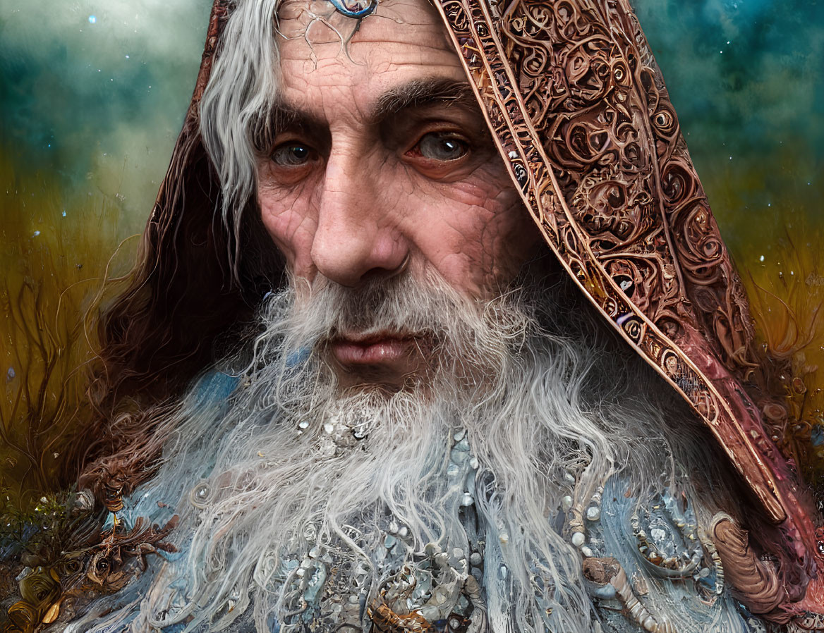 Elderly man with intense eyes in jeweled clothing on mystical backdrop