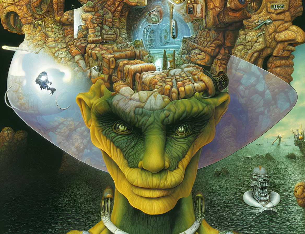 Surreal Green Humanoid Figure with Maze-Like Head in Fantasy Landscape