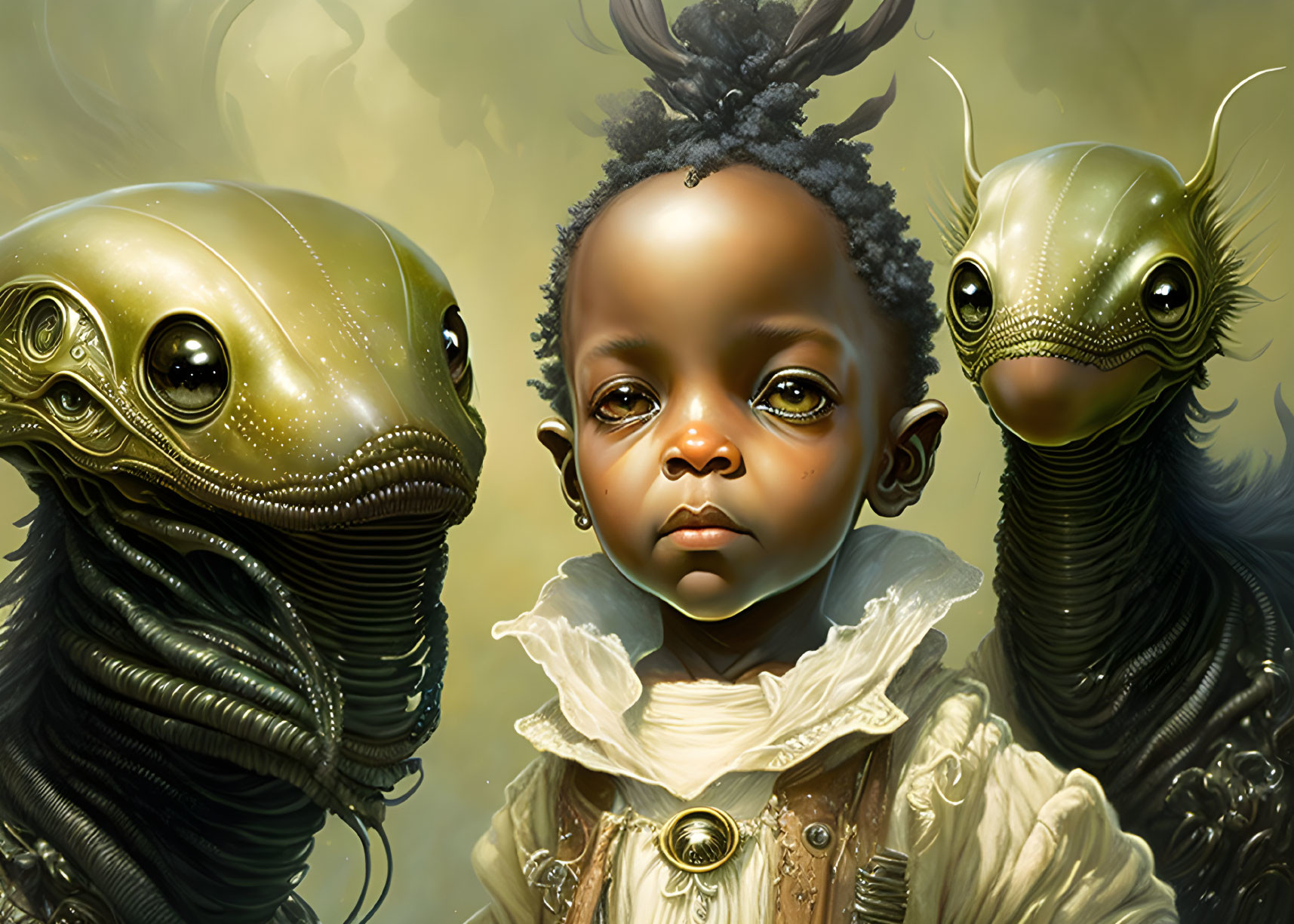 Child with intricate hairstyle and fantastical creatures with elongated heads and expressive eyes