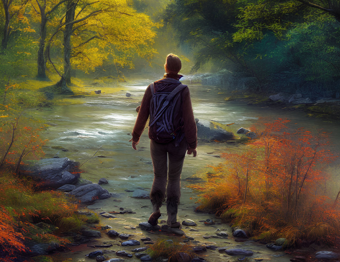 Person with backpack near stream in vibrant autumn forest with sunbeams.